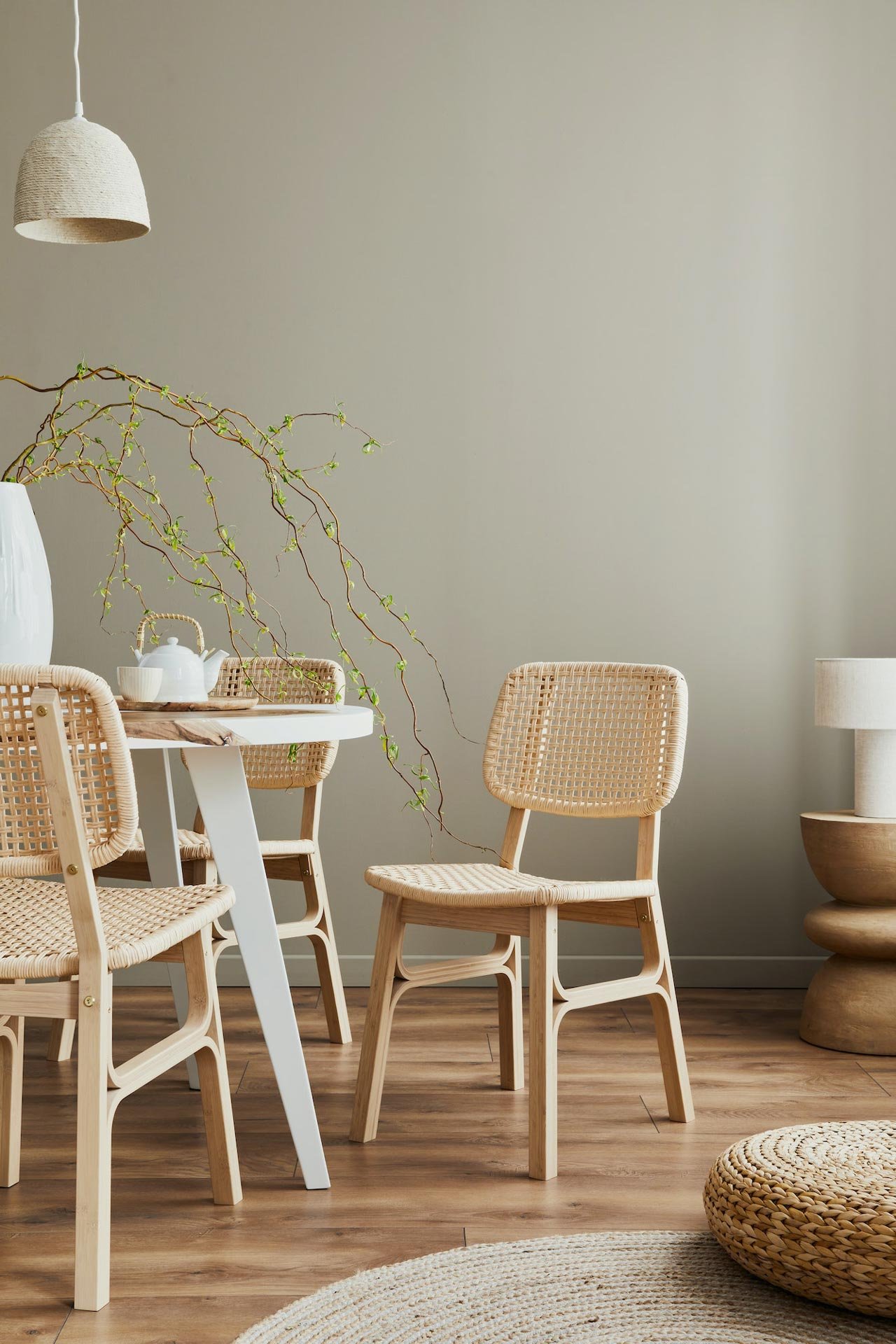 stylish interior of dining room at cozy home